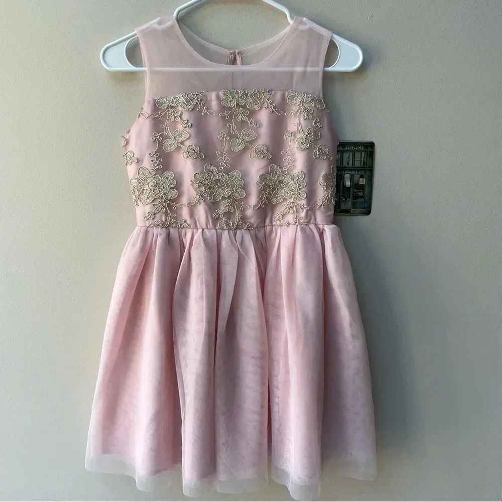 NWT THE CHILDREN’S PLACE Girls Embroidered Lace Dress Gold Beading Pink